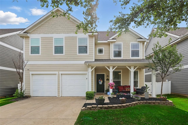 1612 Cambridge Dr, Providence Village, TX 76227 - view of front of property with a porch, a front lawn, concrete driveway, an attached garage, and a shingled roof