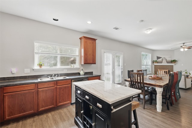 1612 Cambridge Dr, Providence Village, TX 76227 - kitchen featuring a sink, light wood finished floors, a ceiling fan, stainless steel dishwasher, and visible vents