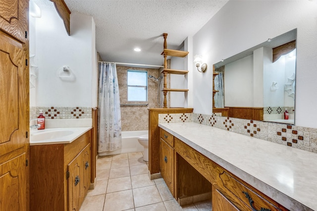 1515 Senter Rd, Irving, TX 75060 - full bath with vanity, a textured ceiling, tile patterned floors, tasteful backsplash, and shower / bath combo