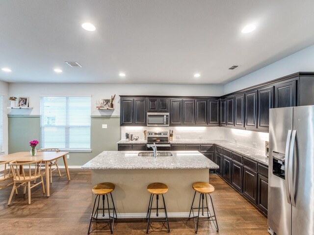 kitchen with visible vents, an island with sink, a kitchen breakfast bar, a sink, and appliances with stainless steel finishes