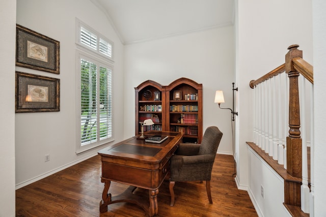 office with baseboards, vaulted ceiling, and dark wood-type flooring