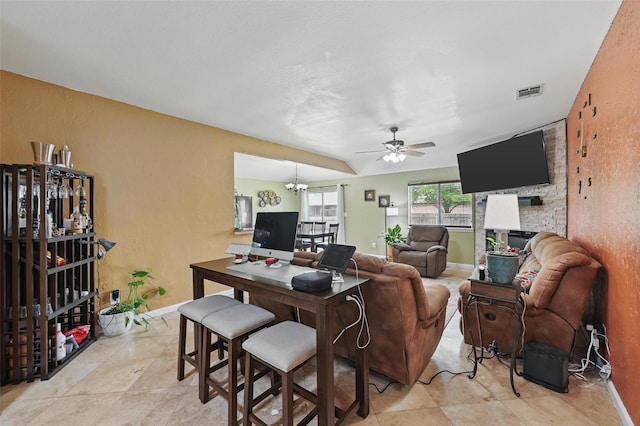 3145 Ronay Dr, Forest Hill, TX 76140 - living area featuring visible vents, a fireplace, ceiling fan, light tile patterned floors, and baseboards