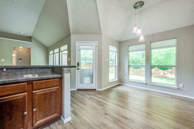 interior space with baseboards, a textured ceiling, vaulted ceiling, and wood finished floors