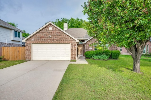 single story home with fence, a chimney, an attached garage, and brick siding