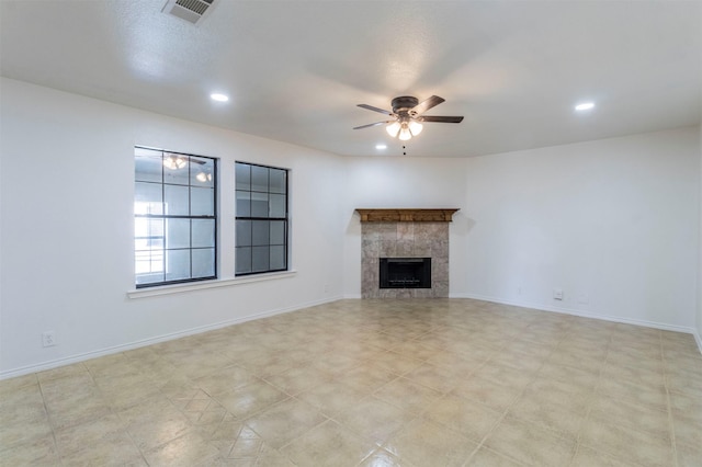 unfurnished living room featuring baseboards, ceiling fan, recessed lighting, and visible vents