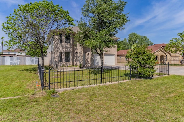 view of front of home featuring a garage, stucco siding, fence private yard, and a front lawn