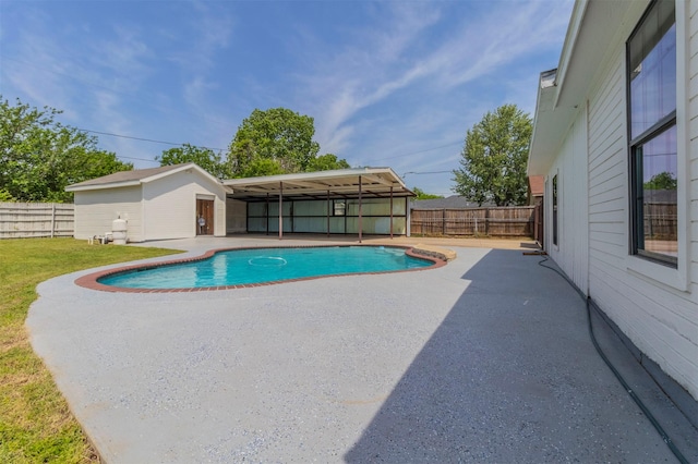 view of pool featuring a fenced in pool, a fenced backyard, and a patio area