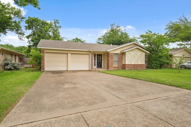 single story home featuring driveway, a garage, brick siding, fence, and a front lawn