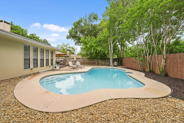 view of swimming pool featuring a patio, a fenced backyard, and a fenced in pool