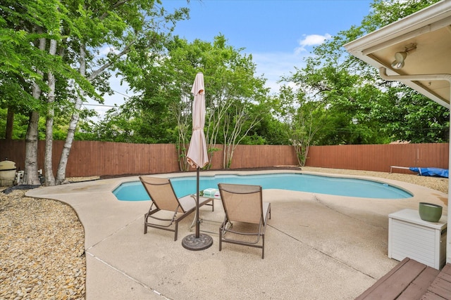 view of pool with a fenced in pool, a fenced backyard, and a patio area