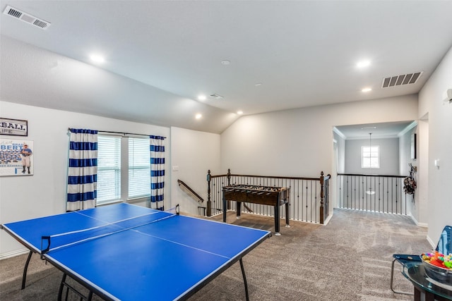 game room with visible vents, carpet floors, and lofted ceiling