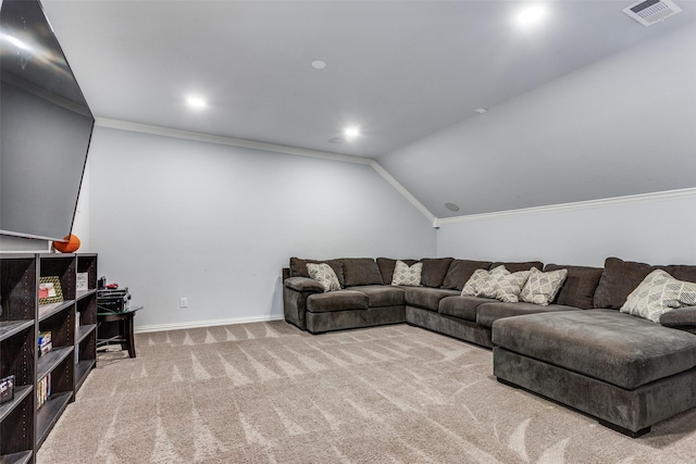 148 Mossy Oak Trl, Fort Worth, TX 76131 - carpeted living area with vaulted ceiling, crown molding, and recessed lighting
