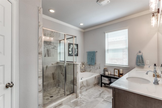 full bath with crown molding, marble finish floor, a bath, a sink, and a stall shower