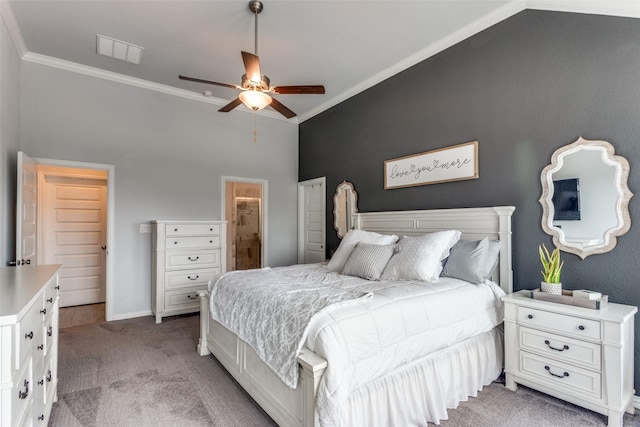 148 Mossy Oak Trl, Fort Worth, TX 76131 - bedroom featuring light colored carpet, ornamental molding, connected bathroom, vaulted ceiling, and a ceiling fan