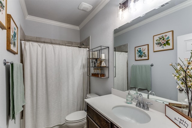 bathroom with toilet, visible vents, ornamental molding, and vanity