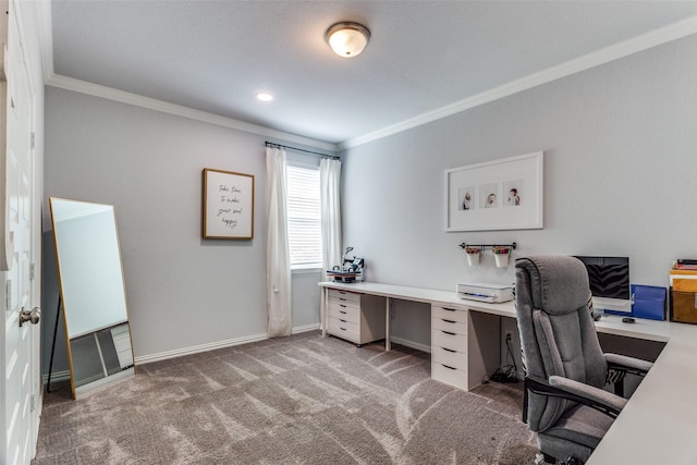 carpeted office with baseboards and ornamental molding
