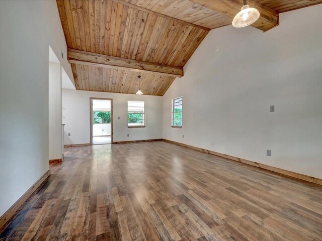 unfurnished room featuring wood ceiling, baseboards, beamed ceiling, and wood finished floors