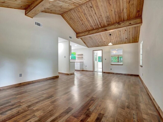 unfurnished living room featuring visible vents, baseboards, wood finished floors, and beamed ceiling