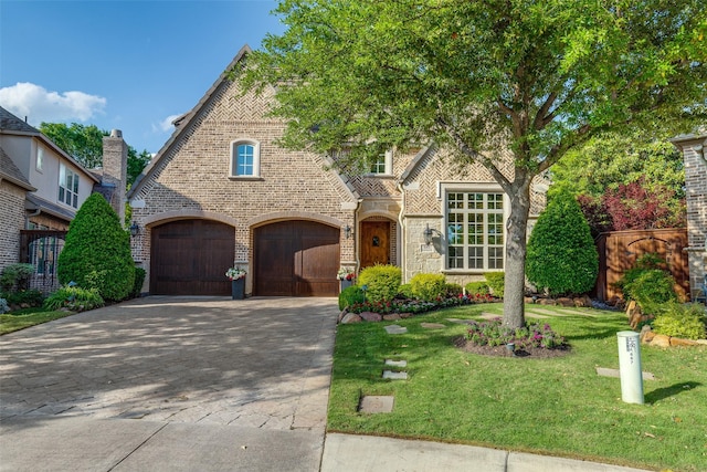 tudor home with a front lawn, stone siding, a garage, brick siding, and decorative driveway