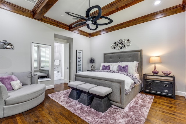 bedroom with crown molding, baseboards, beamed ceiling, connected bathroom, and hardwood / wood-style floors