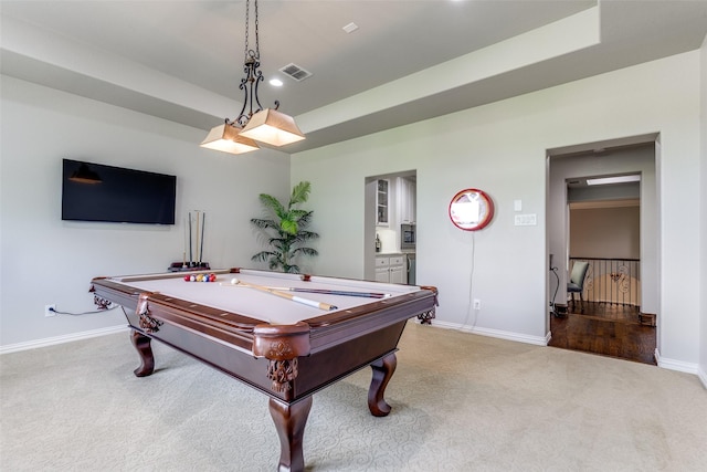 rec room with carpet floors, baseboards, pool table, and visible vents