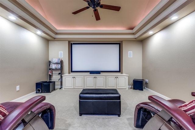 cinema featuring baseboards, ceiling fan, recessed lighting, a raised ceiling, and carpet flooring