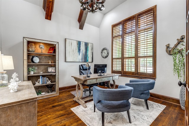 office space featuring baseboards, a chandelier, vaulted ceiling with beams, and wood finished floors