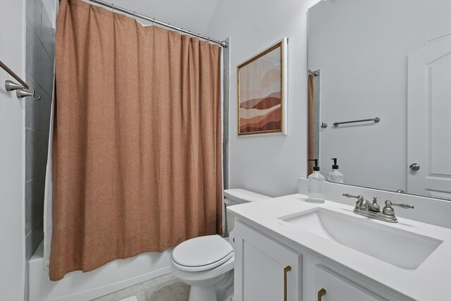 bathroom featuring vanity, shower / tub combo, tile patterned flooring, and toilet