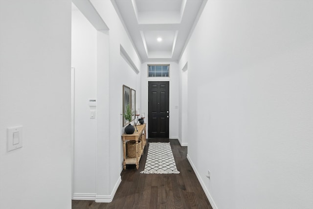 doorway to outside featuring baseboards, a tray ceiling, dark wood-style floors, and a towering ceiling