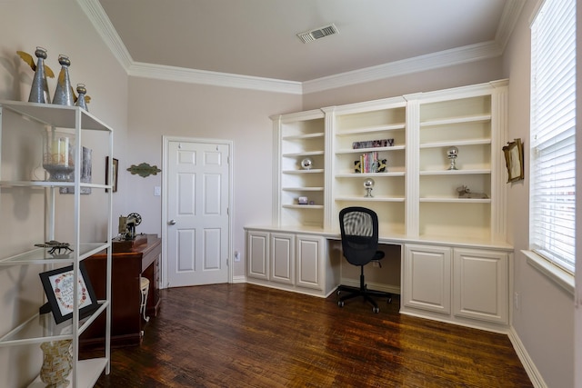 office with visible vents, ornamental molding, and dark wood finished floors