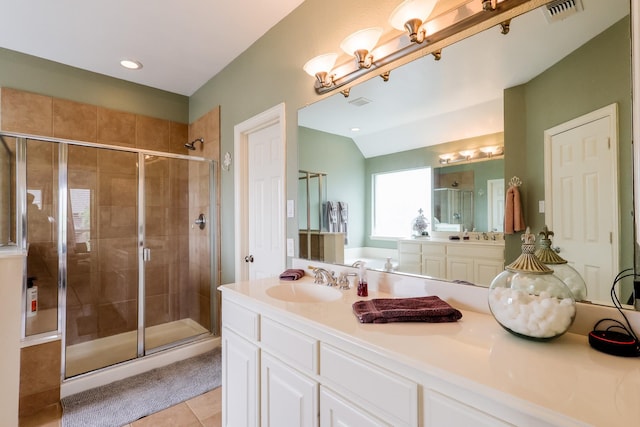 full bathroom featuring vanity, tile patterned floors, recessed lighting, visible vents, and a stall shower