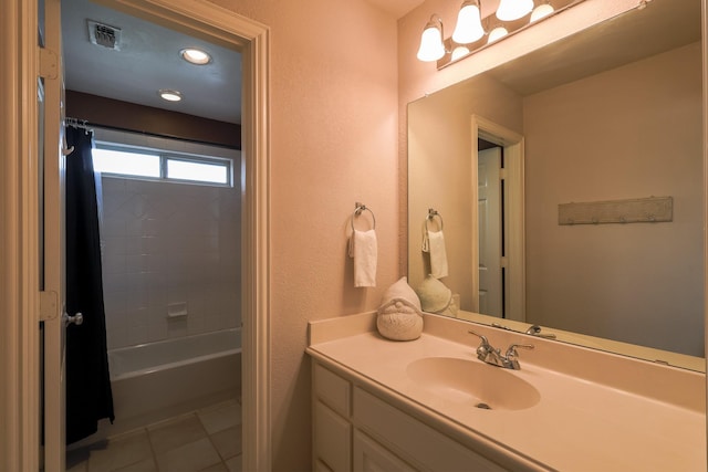 8201 Mckenzie Ct, Frisco, TX 75036 - bathroom with vanity, tile patterned floors, and shower / bath combo with shower curtain