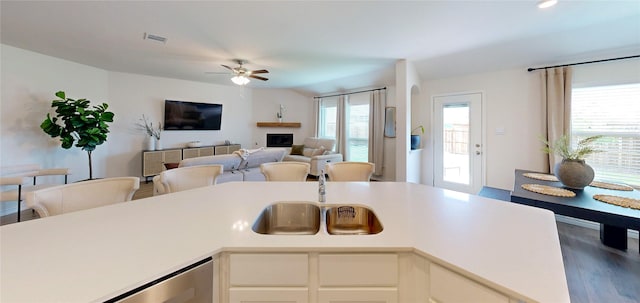 kitchen featuring visible vents, a ceiling fan, wood finished floors, light countertops, and a sink
