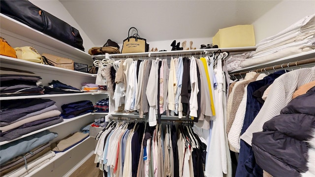 spacious closet featuring wood finished floors and lofted ceiling
