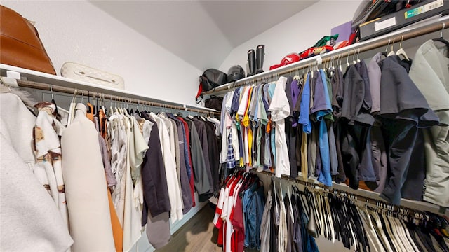 walk in closet with wood finished floors and lofted ceiling