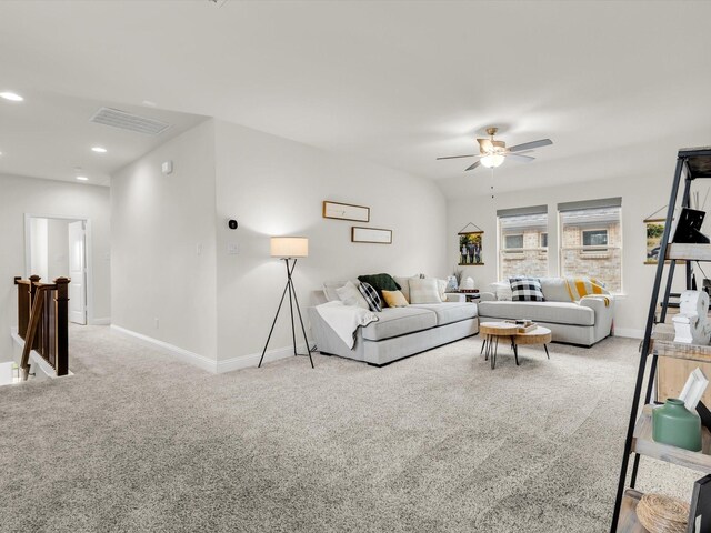 carpeted living area featuring visible vents, recessed lighting, baseboards, and ceiling fan