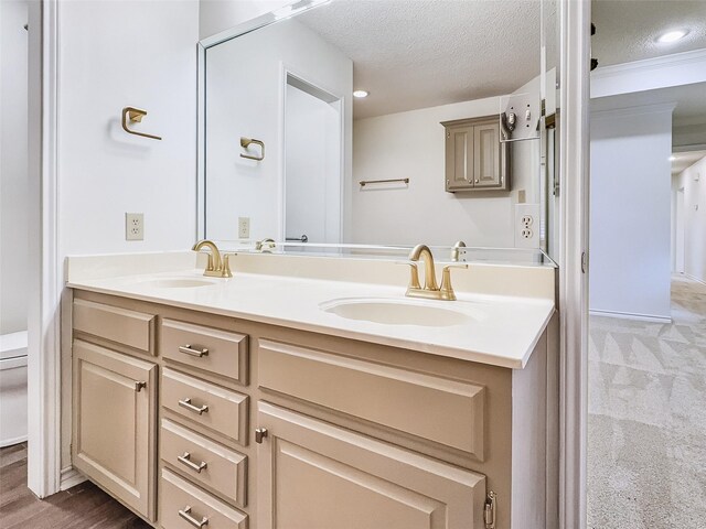 full bath with toilet, double vanity, a textured ceiling, and a sink