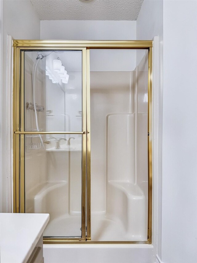 full bath with vanity, a shower with door, and a textured ceiling