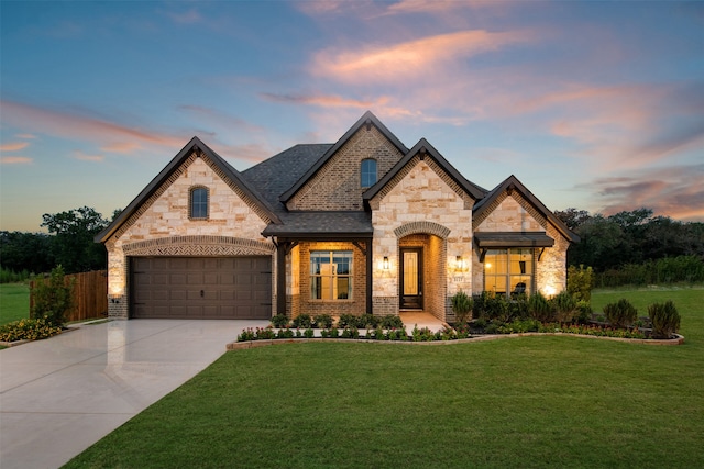 french country inspired facade featuring a lawn, brick siding, stone siding, and concrete driveway