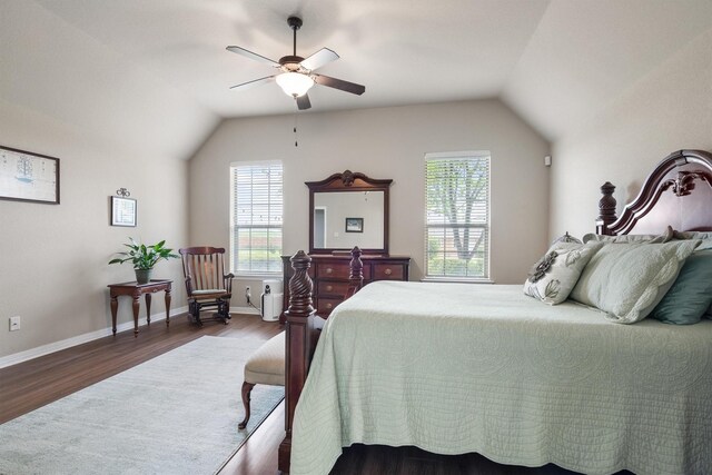 bedroom with lofted ceiling, wood finished floors, and multiple windows