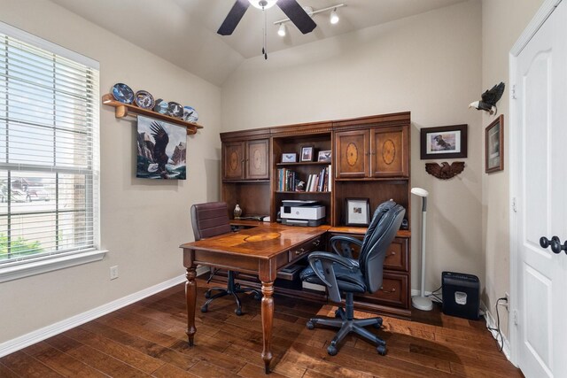office space featuring ceiling fan, dark wood-style floors, baseboards, and lofted ceiling