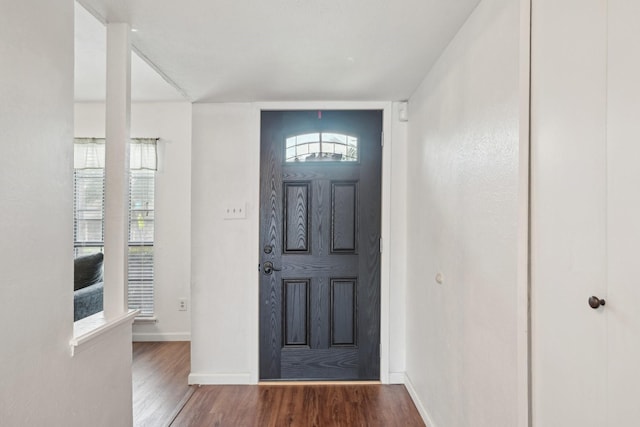 foyer featuring baseboards, plenty of natural light, and wood finished floors