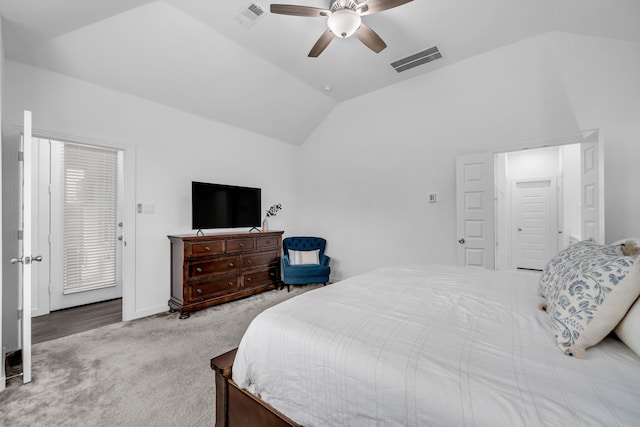 carpeted bedroom with visible vents, a ceiling fan, baseboards, and lofted ceiling