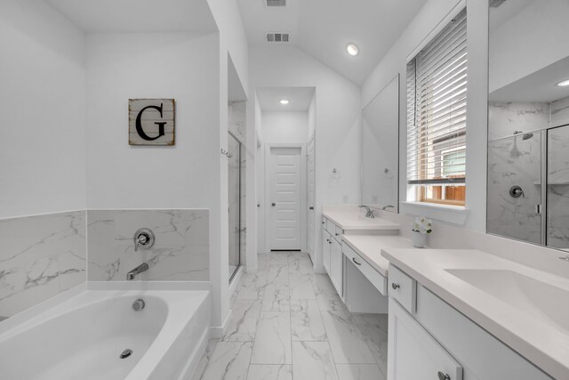 full bathroom with visible vents, a marble finish shower, marble finish floor, and vanity