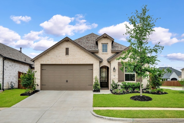french provincial home with a garage, a shingled roof, concrete driveway, and a front yard