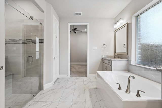 bathroom with visible vents, vanity, marble finish floor, a bath, and a shower stall