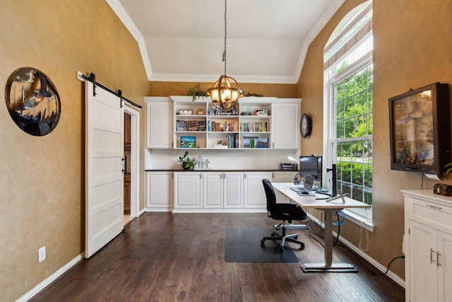 office with an inviting chandelier, crown molding, baseboards, a barn door, and dark wood finished floors