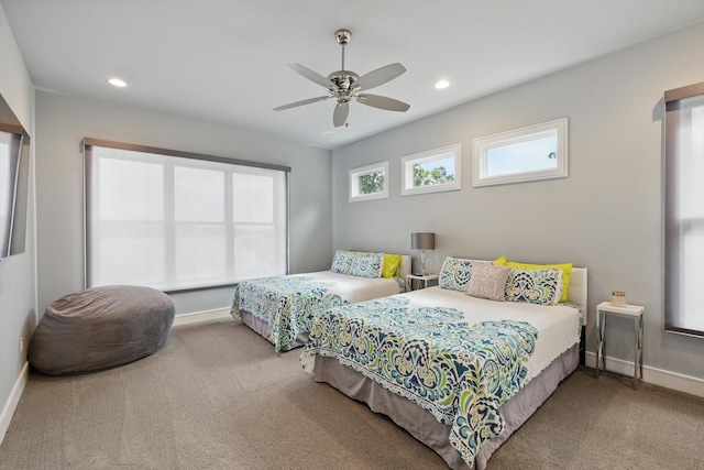 bedroom with carpet floors, baseboards, a ceiling fan, and recessed lighting