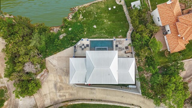 drone / aerial view with a water view