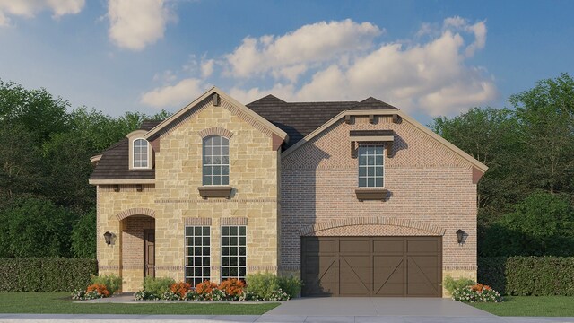 view of front facade with stone siding, concrete driveway, and brick siding